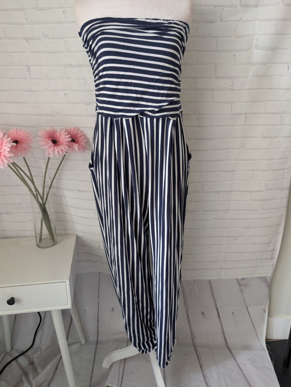Heart Hips Striped Navy & White Strapless Jumpsuit